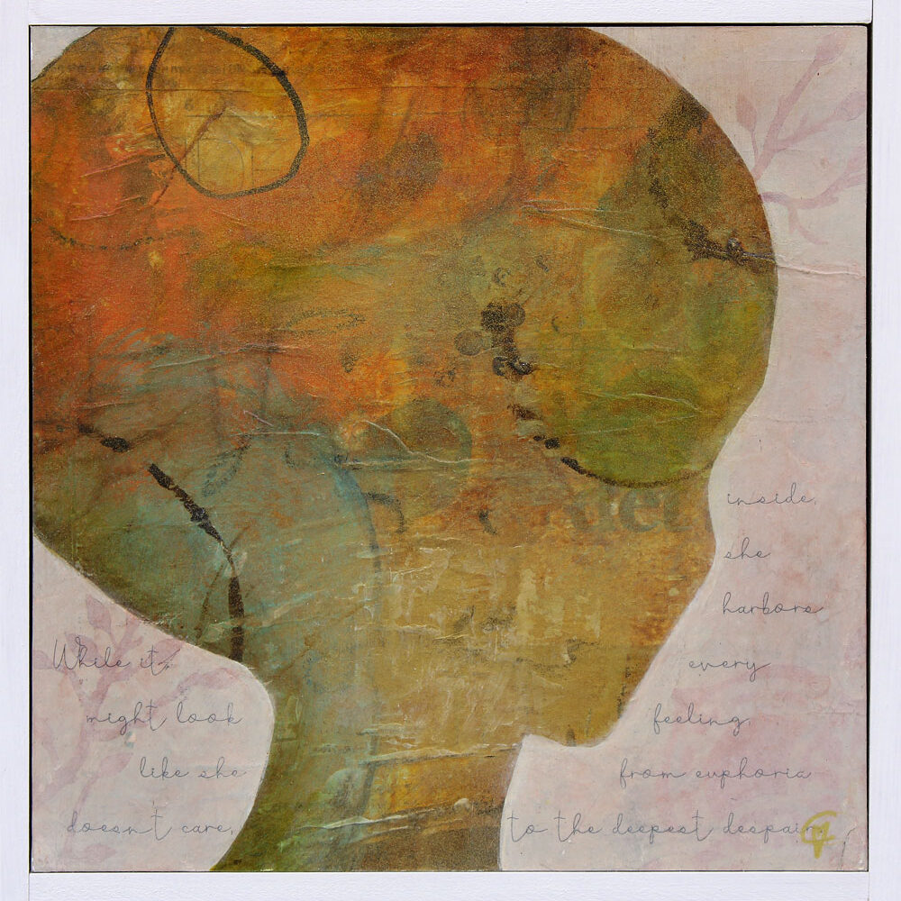 Paris – While it might look like she doesn’t care, inside, she harbors every feeling, from euphoria to the deepest despair. (#6130), 19,5 x 19,5 cm (framed 21 x 21 x 4 cm), acrylics & mixed media on paper mounted on a panel, by Carolina Gårdheim, 2024