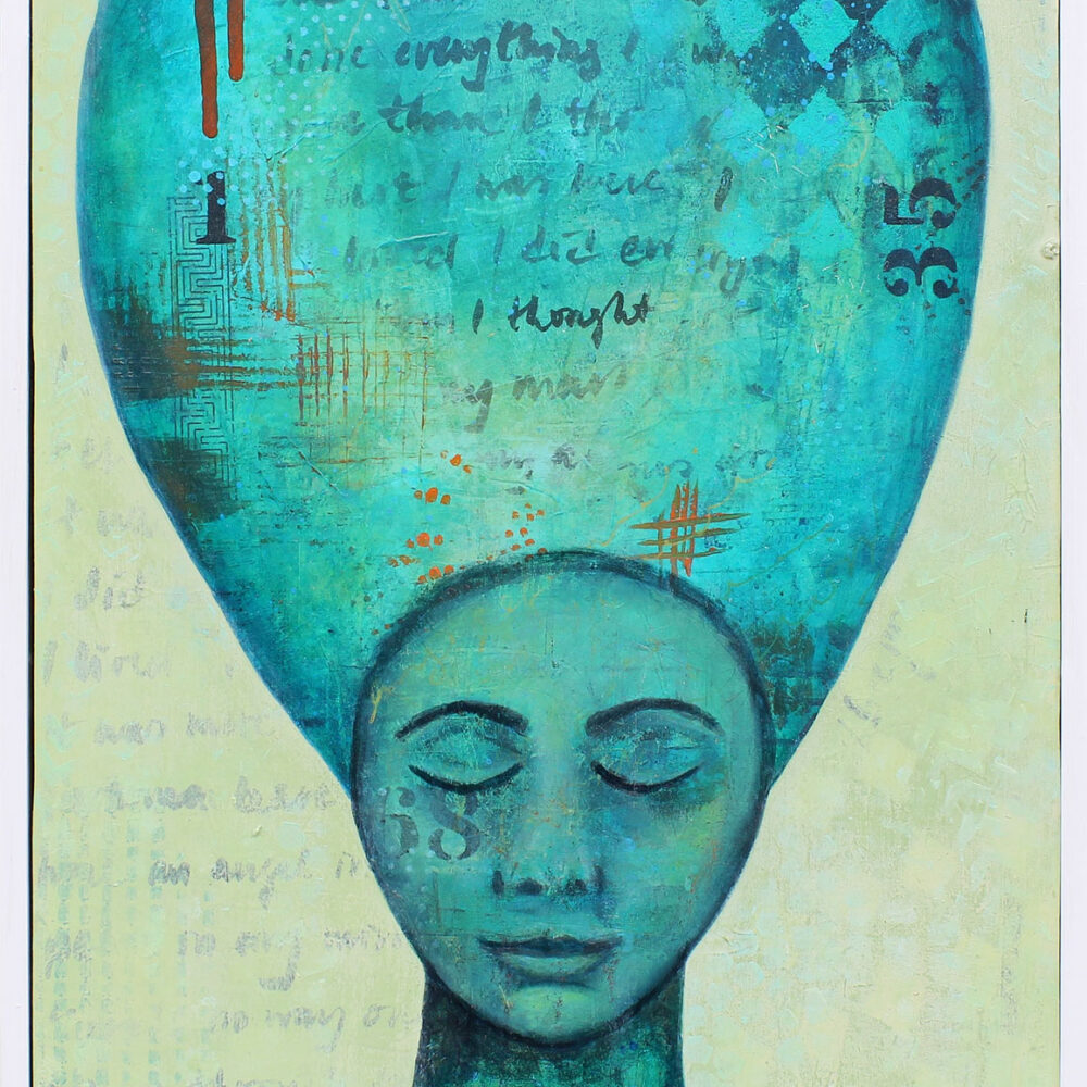 Venetia – She means every word she says, she doesn’t know how to lie or manipulate. You can trust her, there’s no hidden agenda – she’s integrity-incarnate. (#6153), 28 x 40 cm (framed 30 x 42 x 4 cm), acrylics & mixed media on paper mounted on a panel, by Carolina Gårdheim, 2024