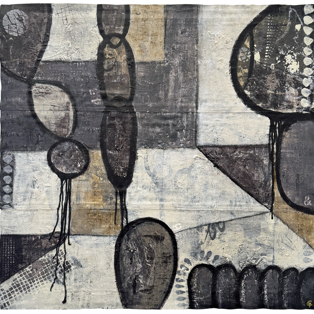 Och plötsligt såg hon att allt var gott, 89 x 87 cm, akryl på jute, Carolina Gårdheim, 2024, #6168