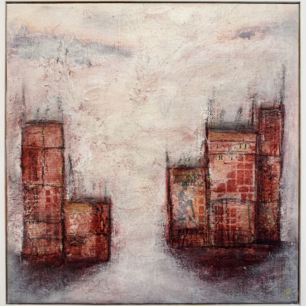 Kärlekens bro, 43 x 44 cm, akryl & mixed media på jute, Carolina Gårdheim, 2024, #6163